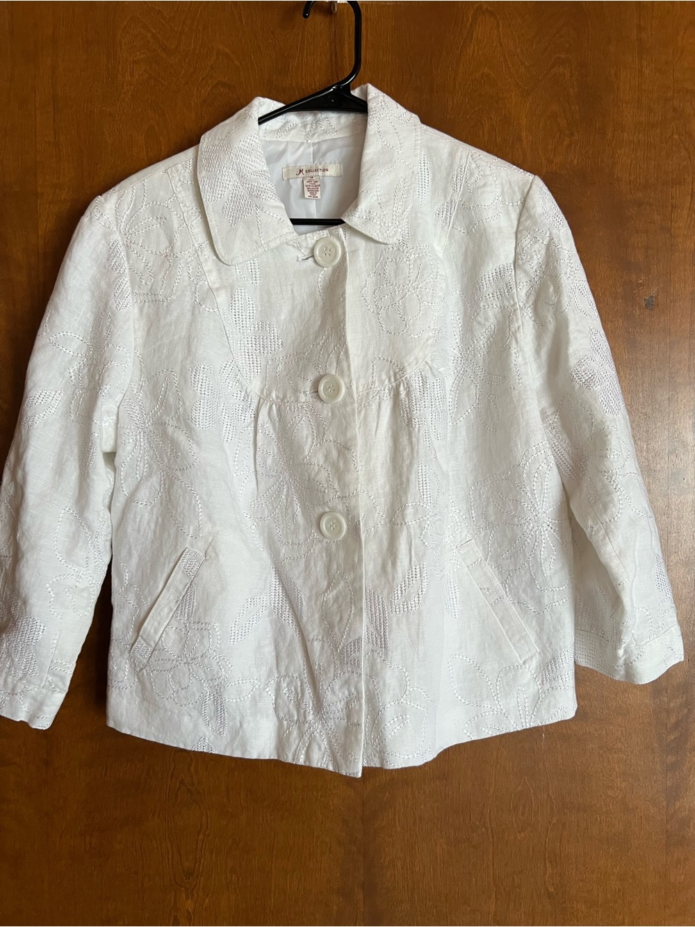 JM Collection White Linen Eyelet Button-Front Jacket
